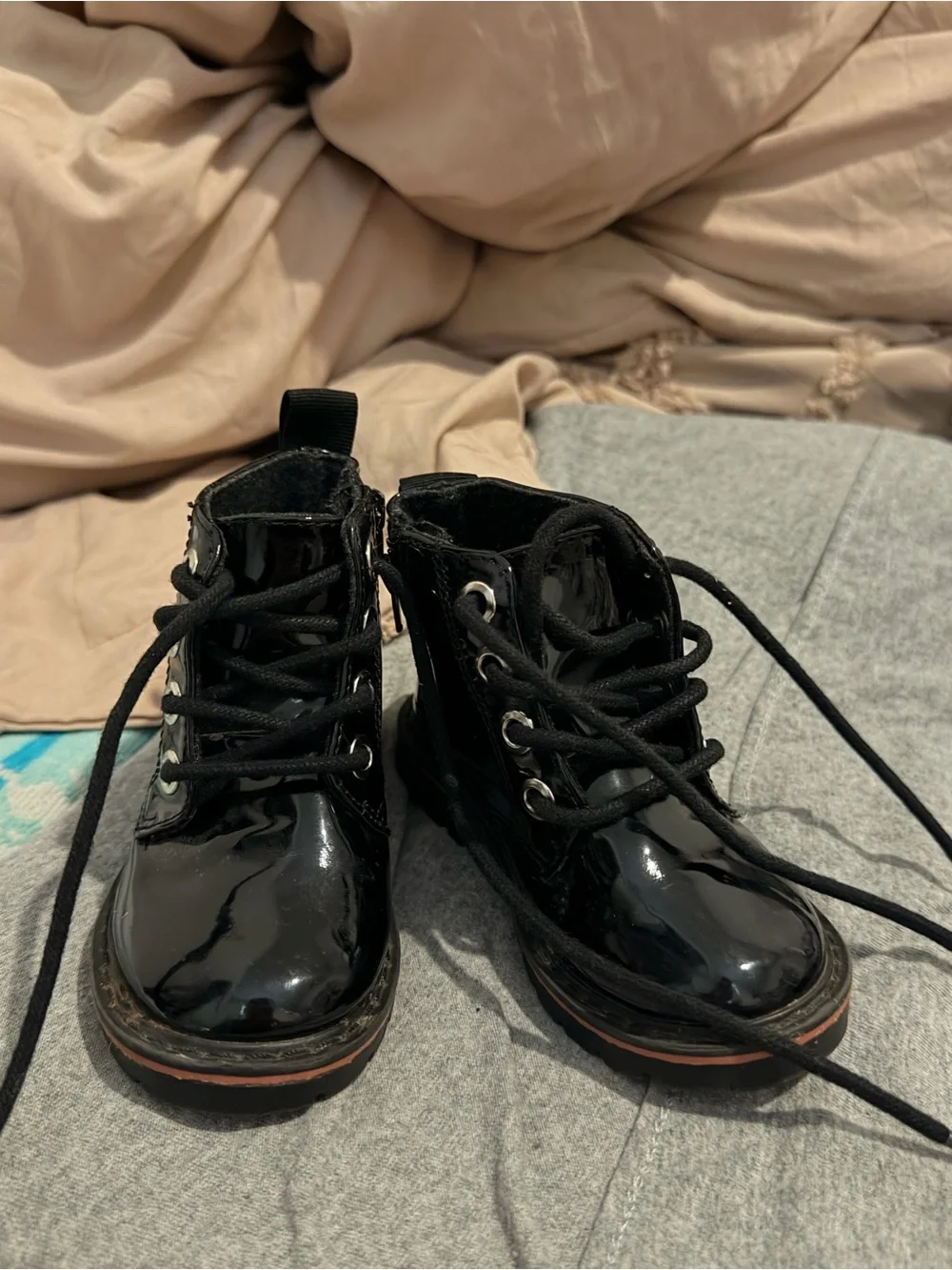 Kids Black Patent Lace-Up Boots with Character Accents